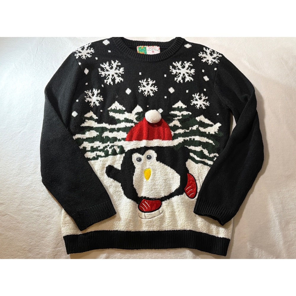 Merry Christmas Penguin Ugly Christmas Sweater Black White Size L Googly Eyes